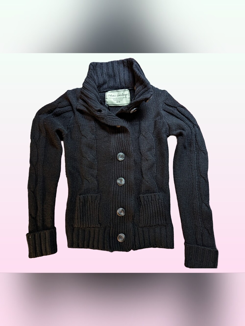 Urban Heritage Charcoal Cable Knit Cardigan Sweater Womens Medium High Neck